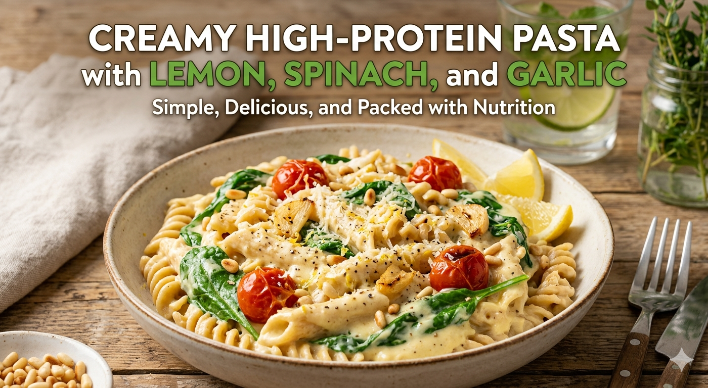 Creamy High-Protein Pasta with Lemon, Spinach, and Garlic